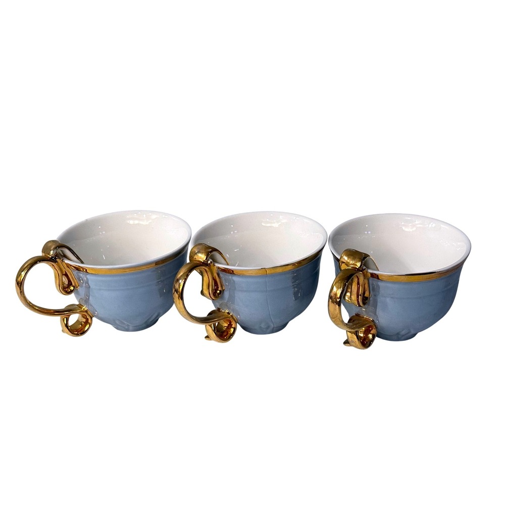 Graces Teaware‎ Light Blue Gold Trim Embossed Ceramic Teacups Set of 3